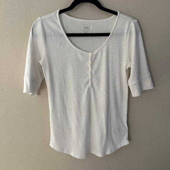 GAP Tops - GAP Henley Scoop Neck Short Sleeves T-Shirt Women's White Casual Shirt Medium